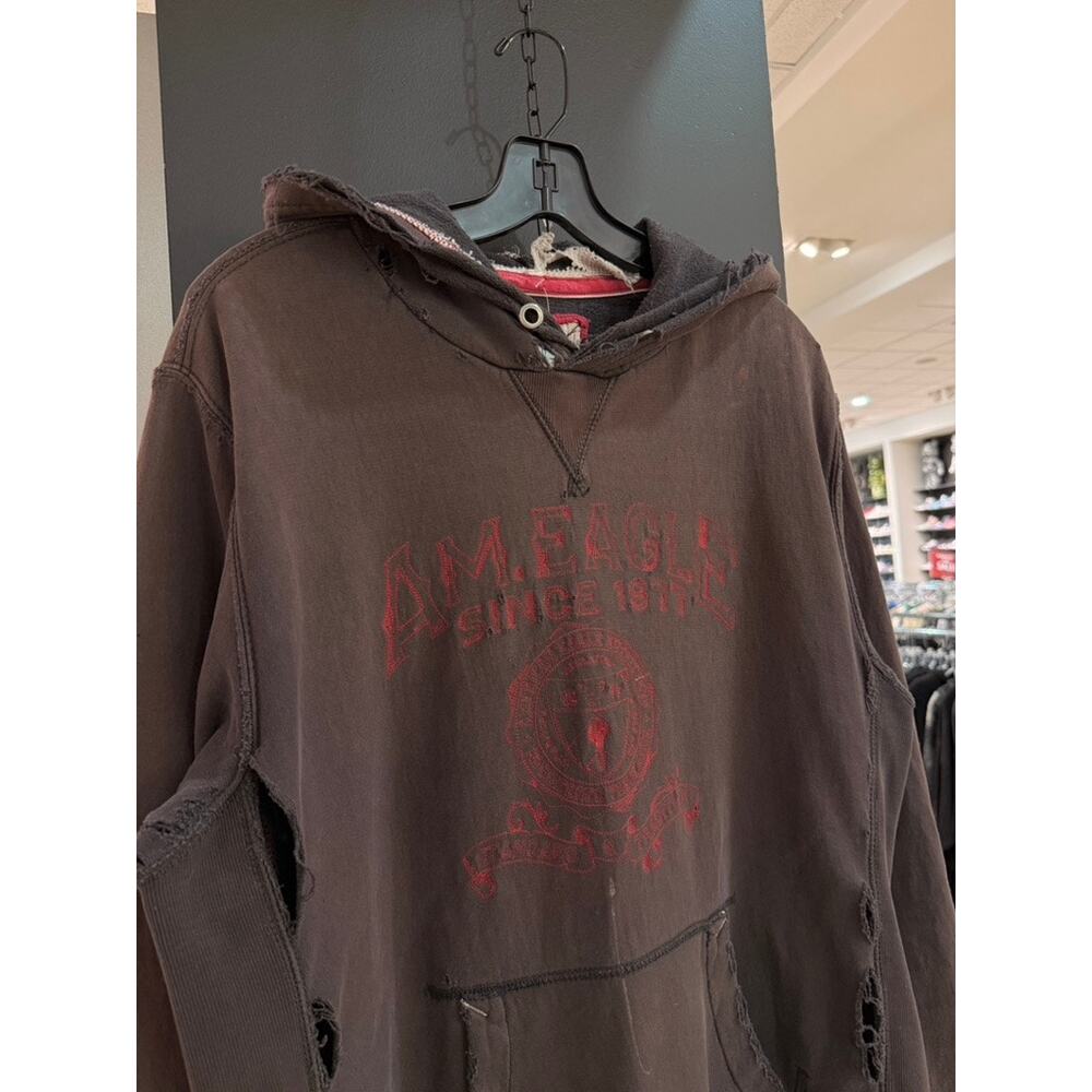 Y2K American Eagle Vintage Thrashed Brown Red Crest Distressed Sweatshirt Hoodie
